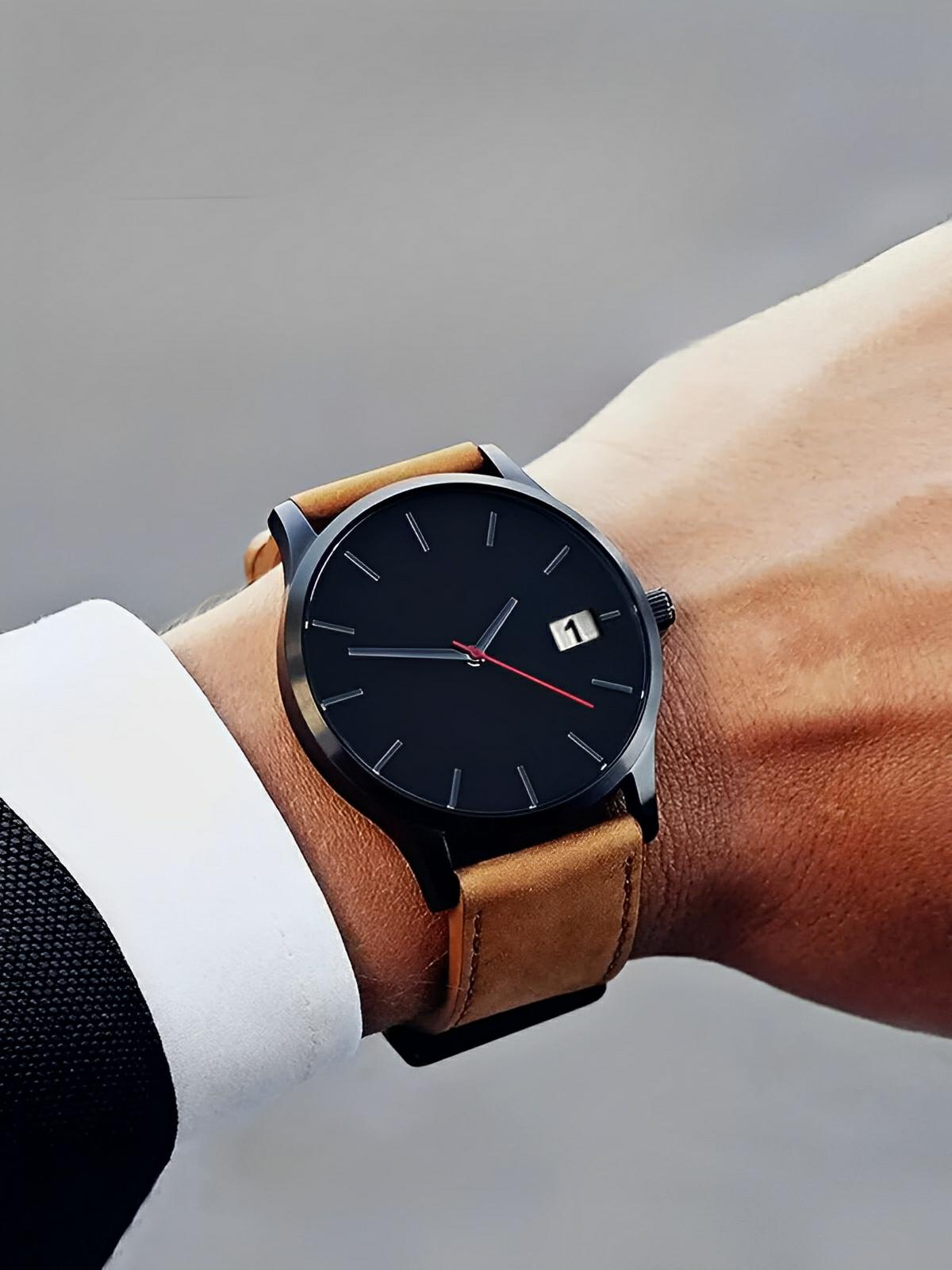 Herrenquarz-Uhr, minimalistisches Zifferblatt, aus veganem Kunstleder, mit Datumsanzeige, Modell Kayl