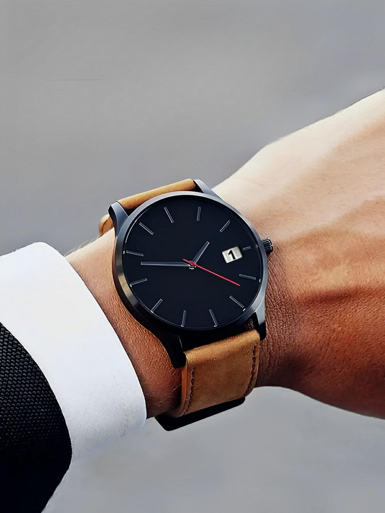 Herrenquarz-Uhr, minimalistisches Zifferblatt, aus veganem Kunstleder, mit Datumsanzeige, Modell Kayl
