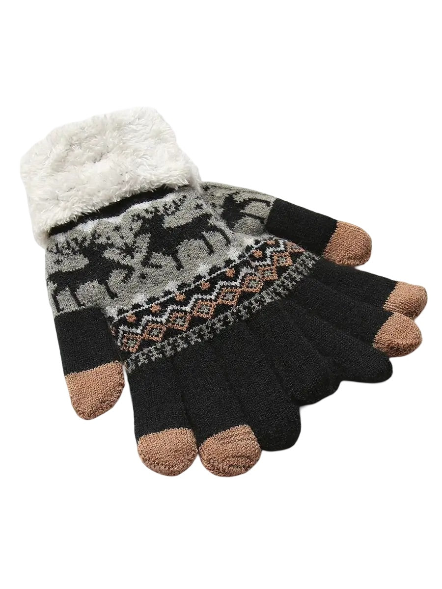Gants d'hiver femme, gants tactiles et chauds, tricotés doublés, avec motifs renne, douillets hiver, modèle Emma