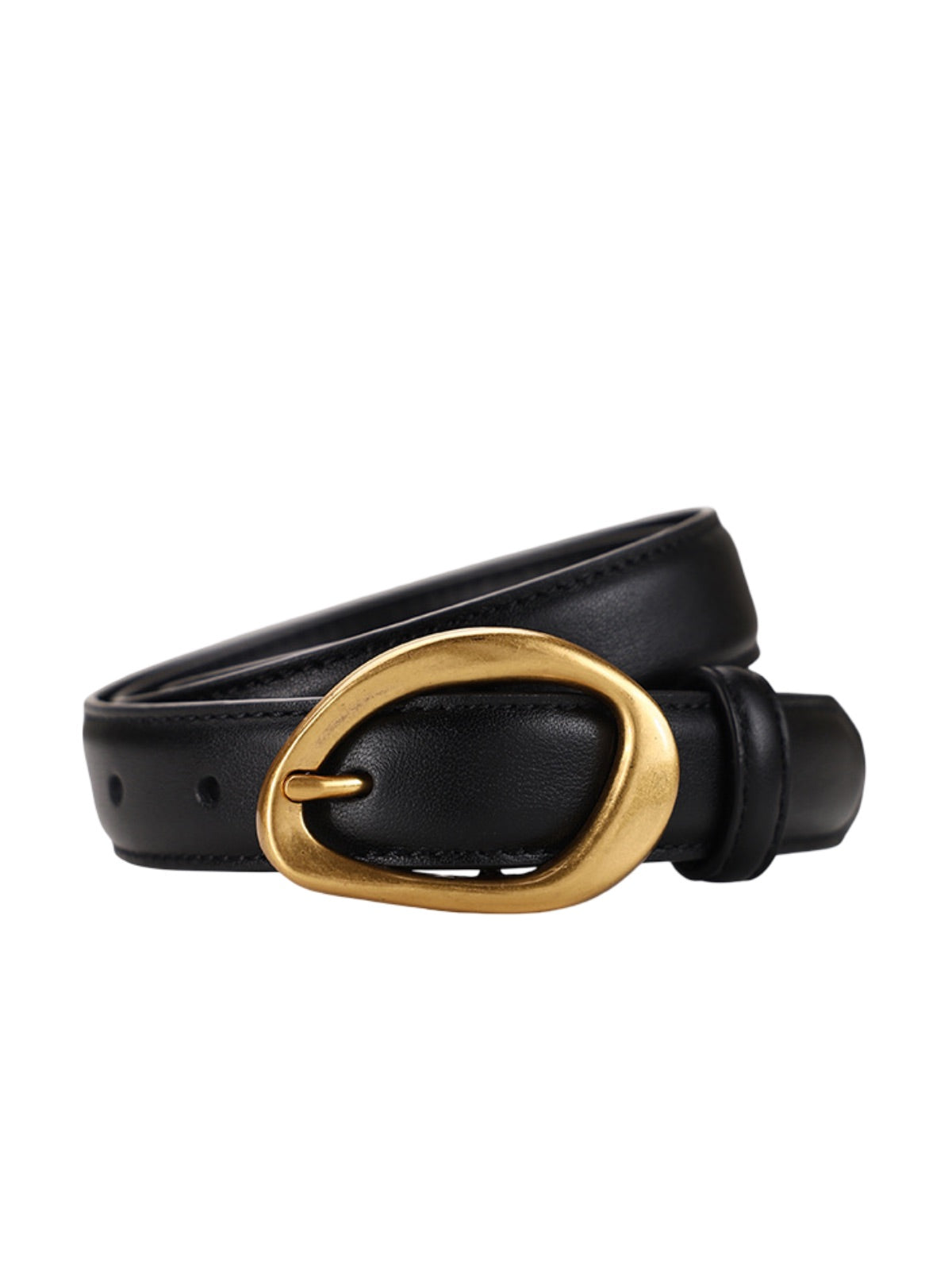 Ceinture femme en cuir, boucle dorée arrondie moderne, ceinture fine classique, accessoire mode 2025, modèle Adla