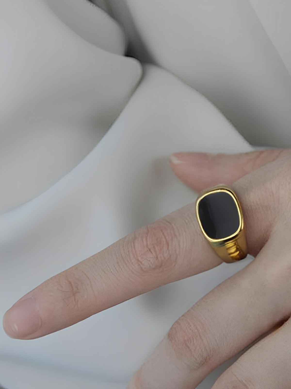 Bague carrée acier inoxydable, or 18K, femme, anneau géométrique, effet nacre, tendance, moderne, modèle Ivanah - Bague - Or + Noir XXS