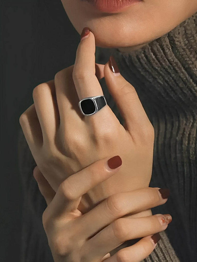 Bague carrée acier inoxydable, or 18K, femme, anneau géométrique, effet nacre, tendance, moderne, modèle Ivanah - Bague - Argent + Noir XXS