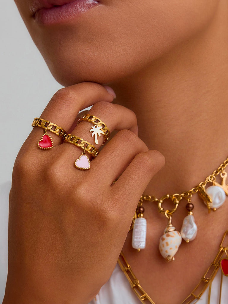 Bague chaîne dorée, pendentif cœur ou palmier, acier inoxydable, ajustable, style tendance, modèle Cliva - Bague - Cœur rouge