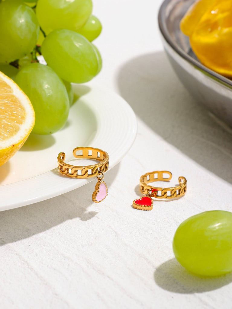 Bague chaîne dorée, pendentif cœur ou palmier, acier inoxydable, ajustable, style tendance, modèle Cliva - Bague - Cœur rouge