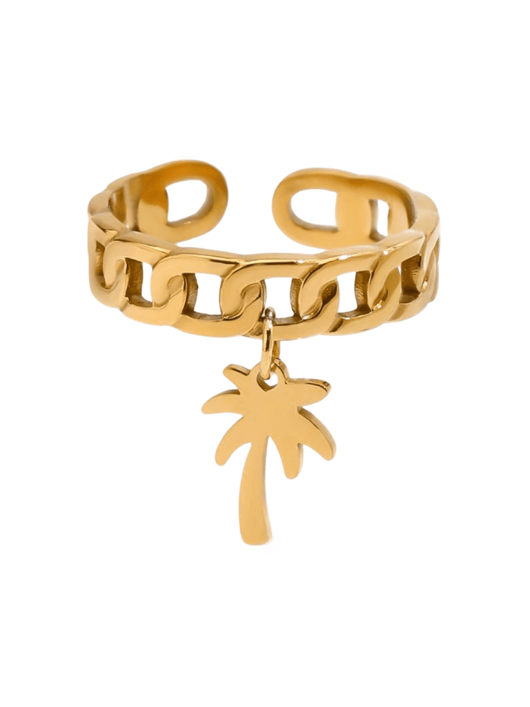 Bague chaîne dorée, pendentif cœur ou palmier, acier inoxydable, ajustable, style tendance, modèle Cliva - Bague - Palmier