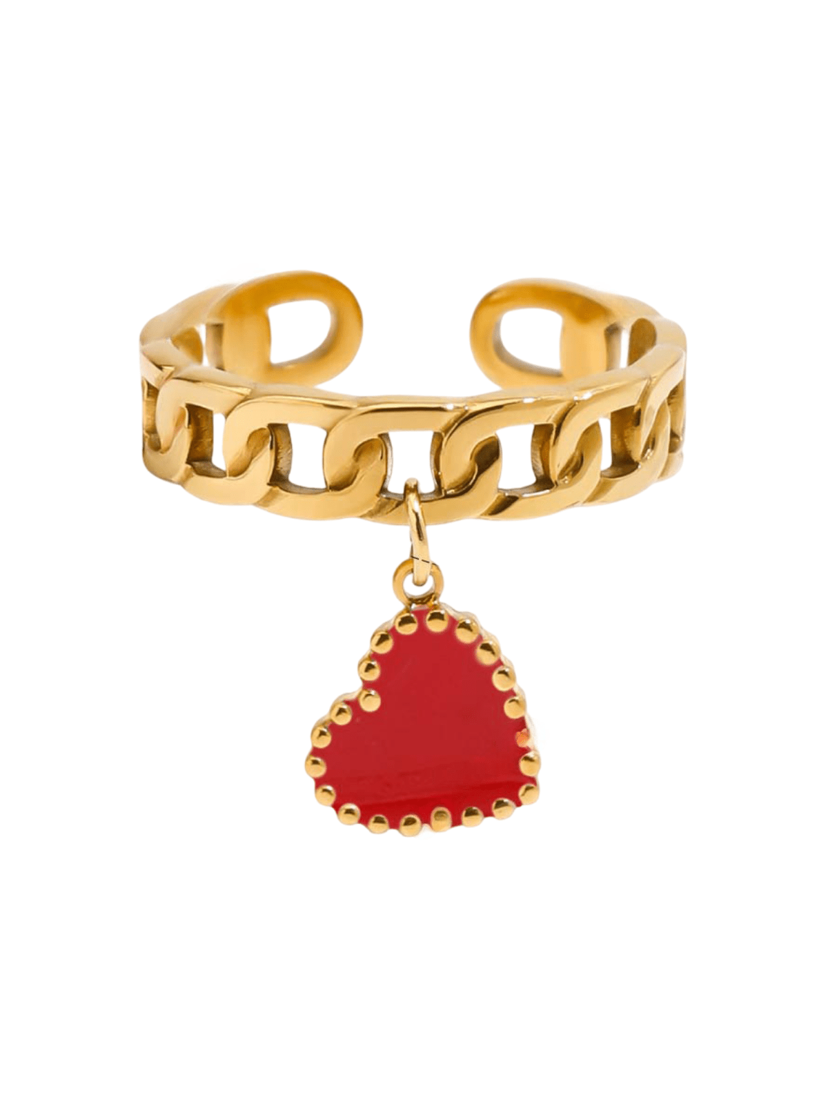 Bague chaîne dorée, pendentif cœur ou palmier, acier inoxydable, ajustable, style tendance, modèle Cliva - Bague - Cœur rouge