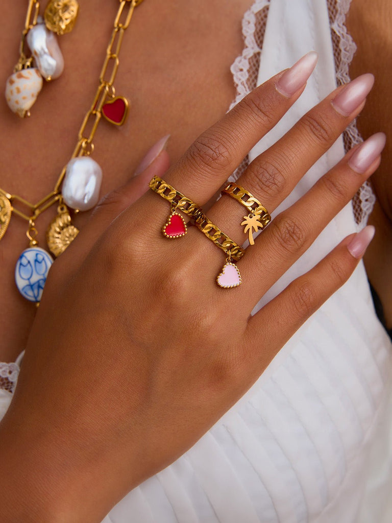 Bague chaîne dorée, pendentif cœur ou palmier, acier inoxydable, ajustable, style tendance, modèle Cliva - Bague - Cœur rouge