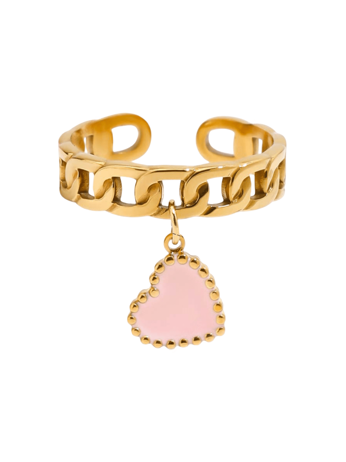 Bague chaîne dorée, pendentif cœur ou palmier, acier inoxydable, ajustable, style tendance, modèle Cliva - Bague - Cœur rose