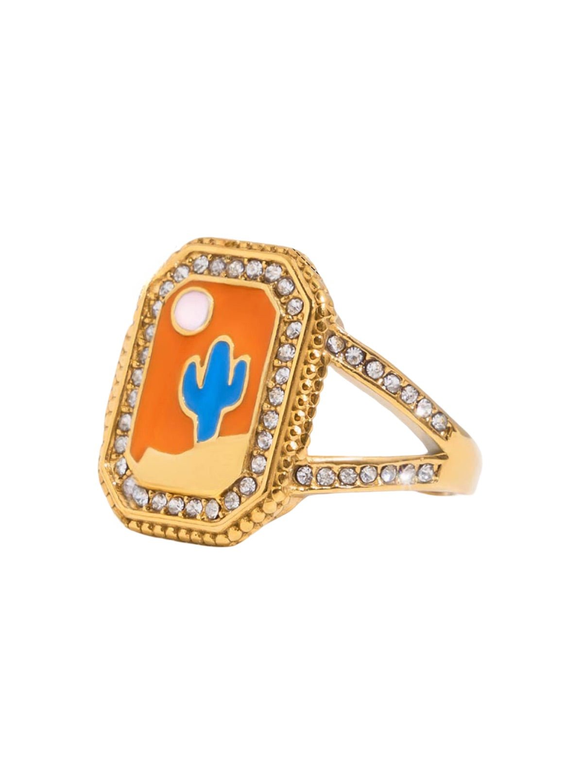 Bague dorée colorée, motif cœur, soleil, cactus, strass scintillants, palmier, sunshine, acier inoxydable, modèle Éponie - Bague - Style 2