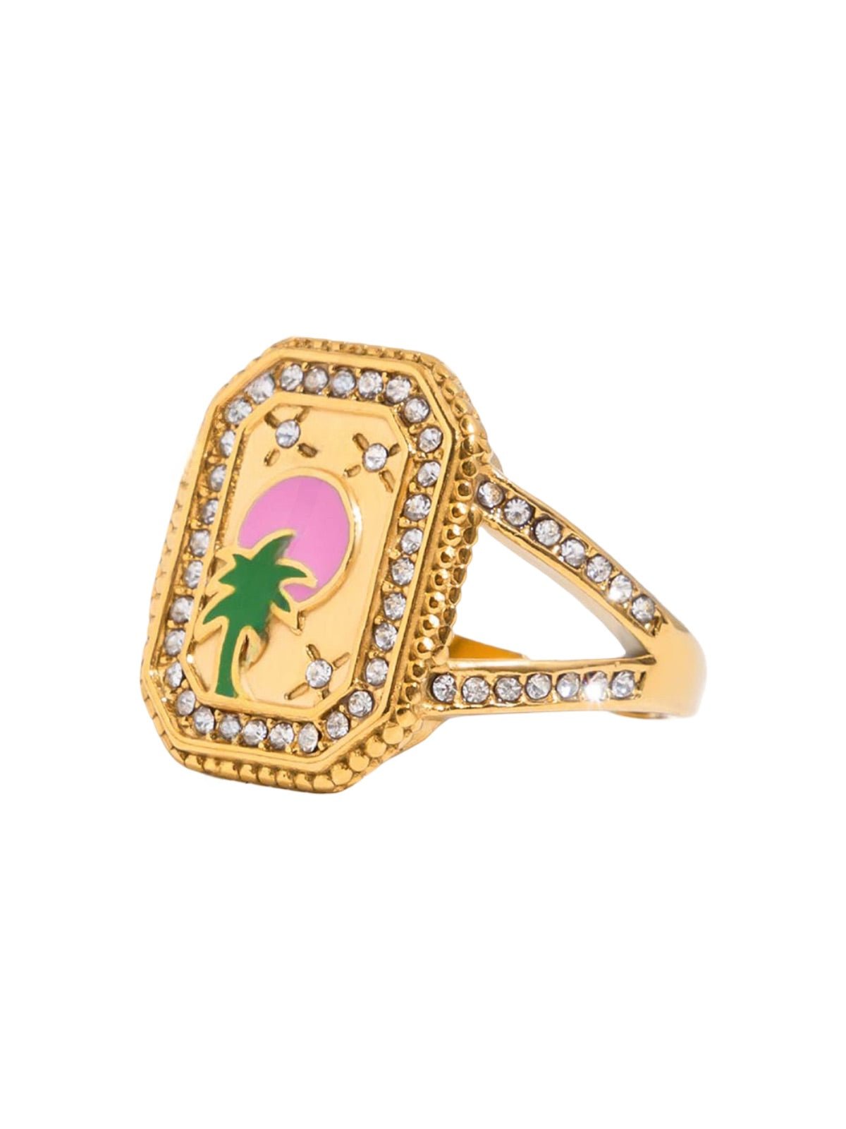 Bague dorée colorée, motif cœur, soleil, cactus, strass scintillants, palmier, sunshine, acier inoxydable, modèle Éponie - Bague - Style 1