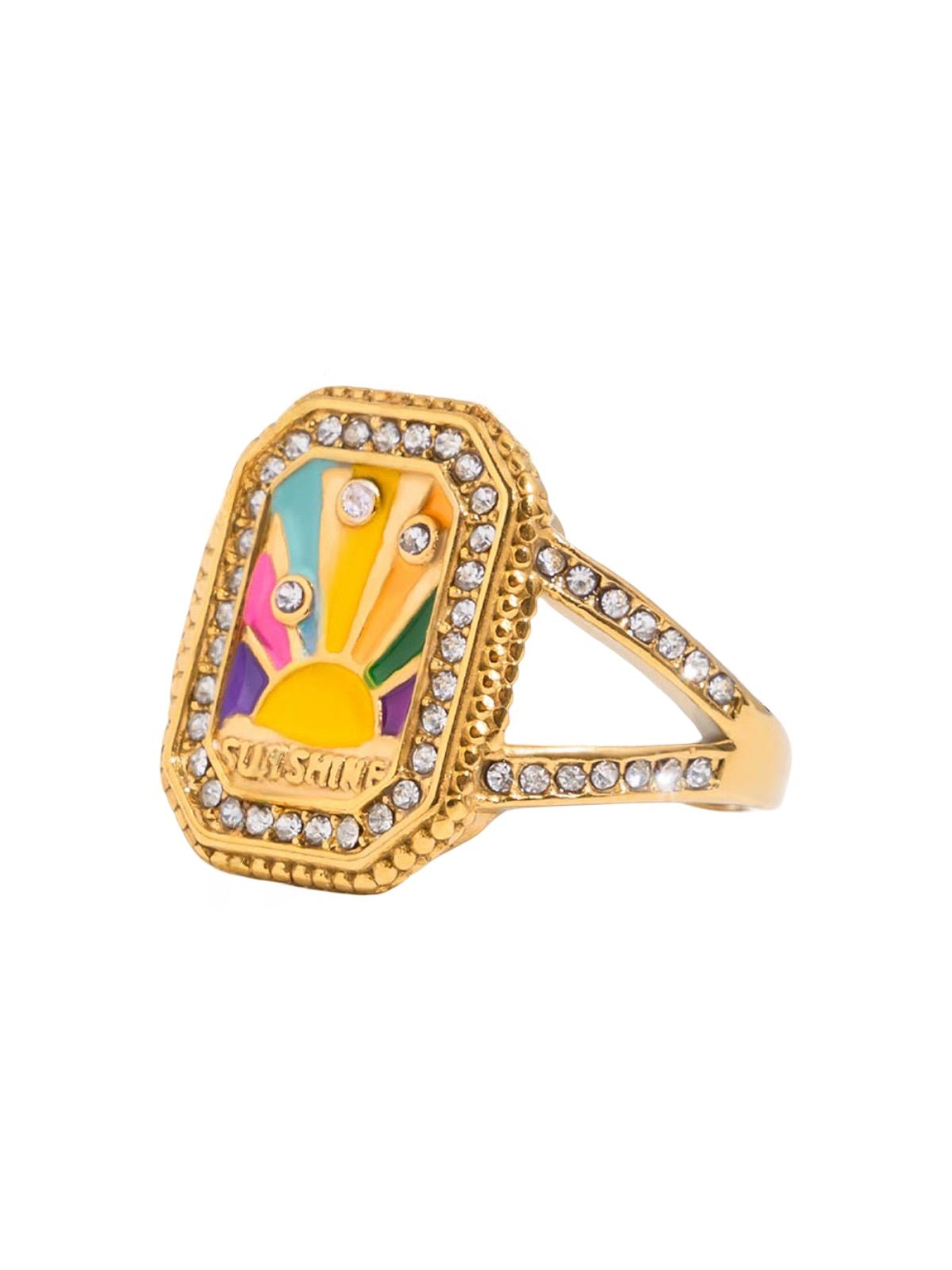 Bague dorée colorée, motif cœur, soleil, cactus, strass scintillants, palmier, sunshine, acier inoxydable, modèle Éponie - Bague - Style 3