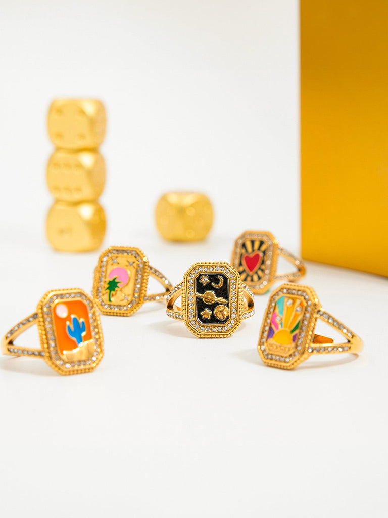 Bague dorée colorée, motif cœur, soleil, cactus, strass scintillants, palmier, sunshine, acier inoxydable, modèle Éponie - Bague - Style 1