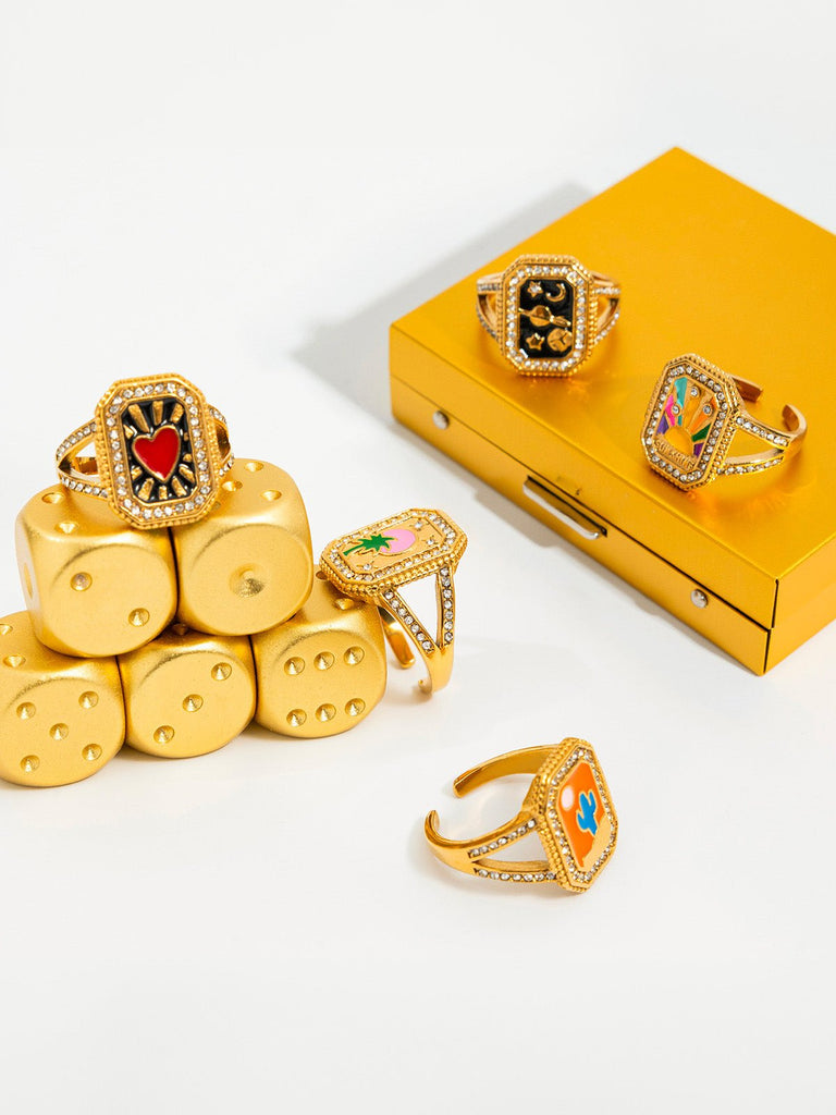 Bague dorée colorée, motif cœur, soleil, cactus, strass scintillants, palmier, sunshine, acier inoxydable, modèle Éponie - Bague - Style 1