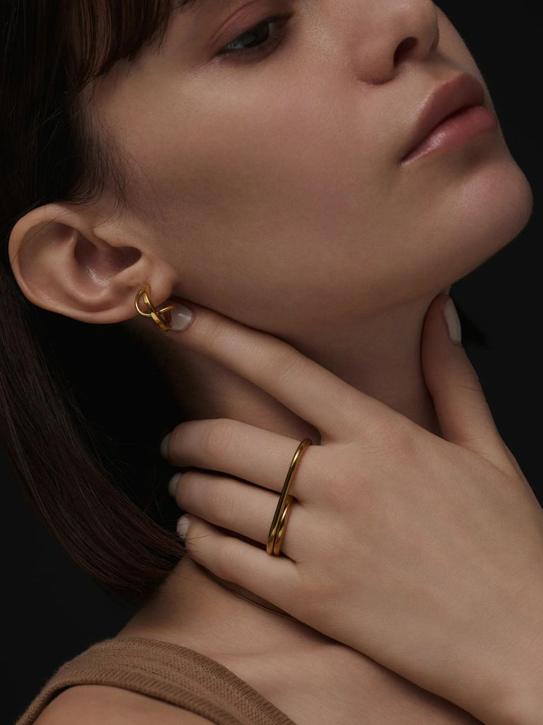 Bague double doigt croix, acier inoxydable, or 18 carats, géométrique femme, modèle Lexie - Bague - Or XXS