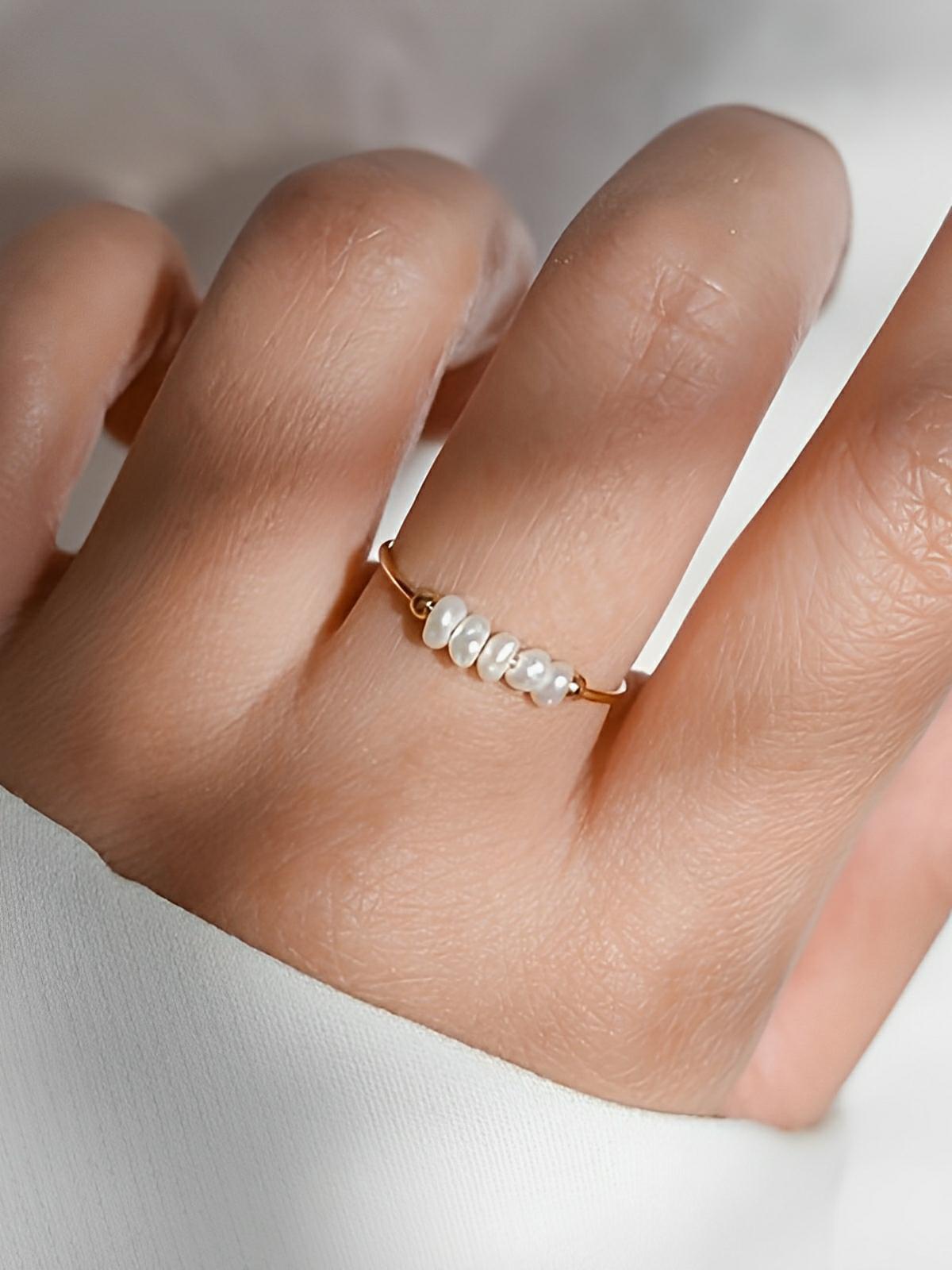 Bague femme acier inoxydable, perle baroque naturelle, anneau ajustable, bijoux acier titane, style luxe léger, modèle Ilyana - Bague - Or XXS