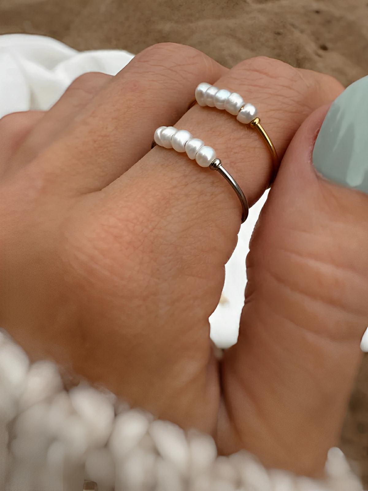 Bague femme acier inoxydable, perle baroque naturelle, anneau ajustable, bijoux acier titane, style luxe léger, modèle Ilyana - Bague - Argent XXS
