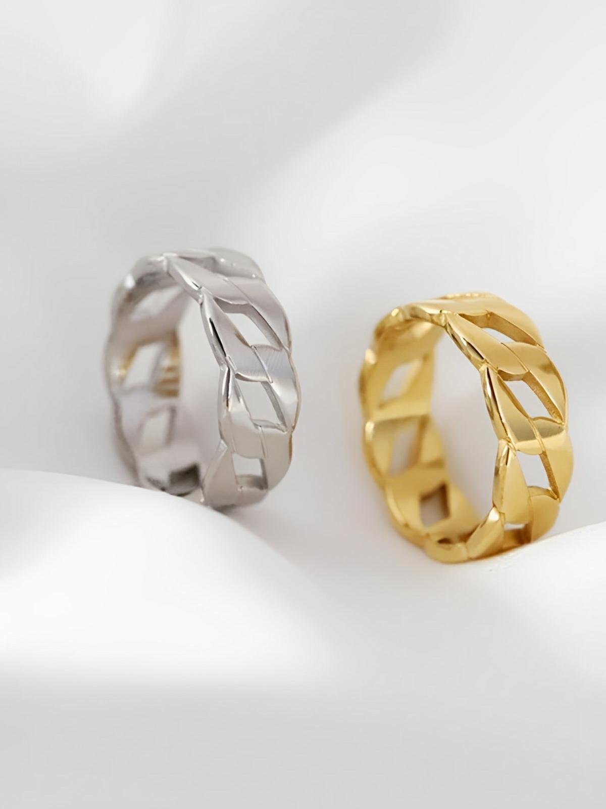 Bague femme creuse, acier inoxydable or, style géométrique, design ondulé, anneau tendance, modèle Honroe - Bague - Argent XXS