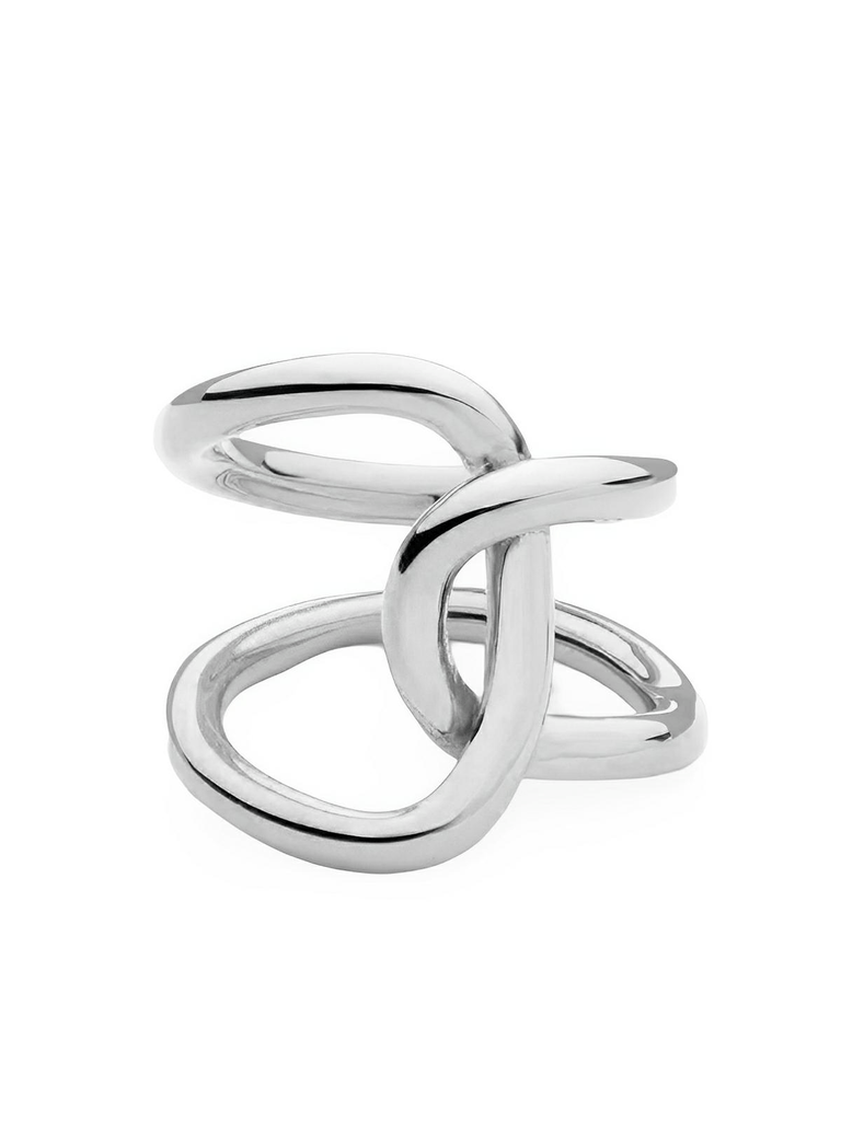 Bague femme double C nouée ouverte ajustable, acier inoxydable, plaqué or 18K, style minimaliste, tendance moderne, modèle Isra - Bague - Argent XXXS