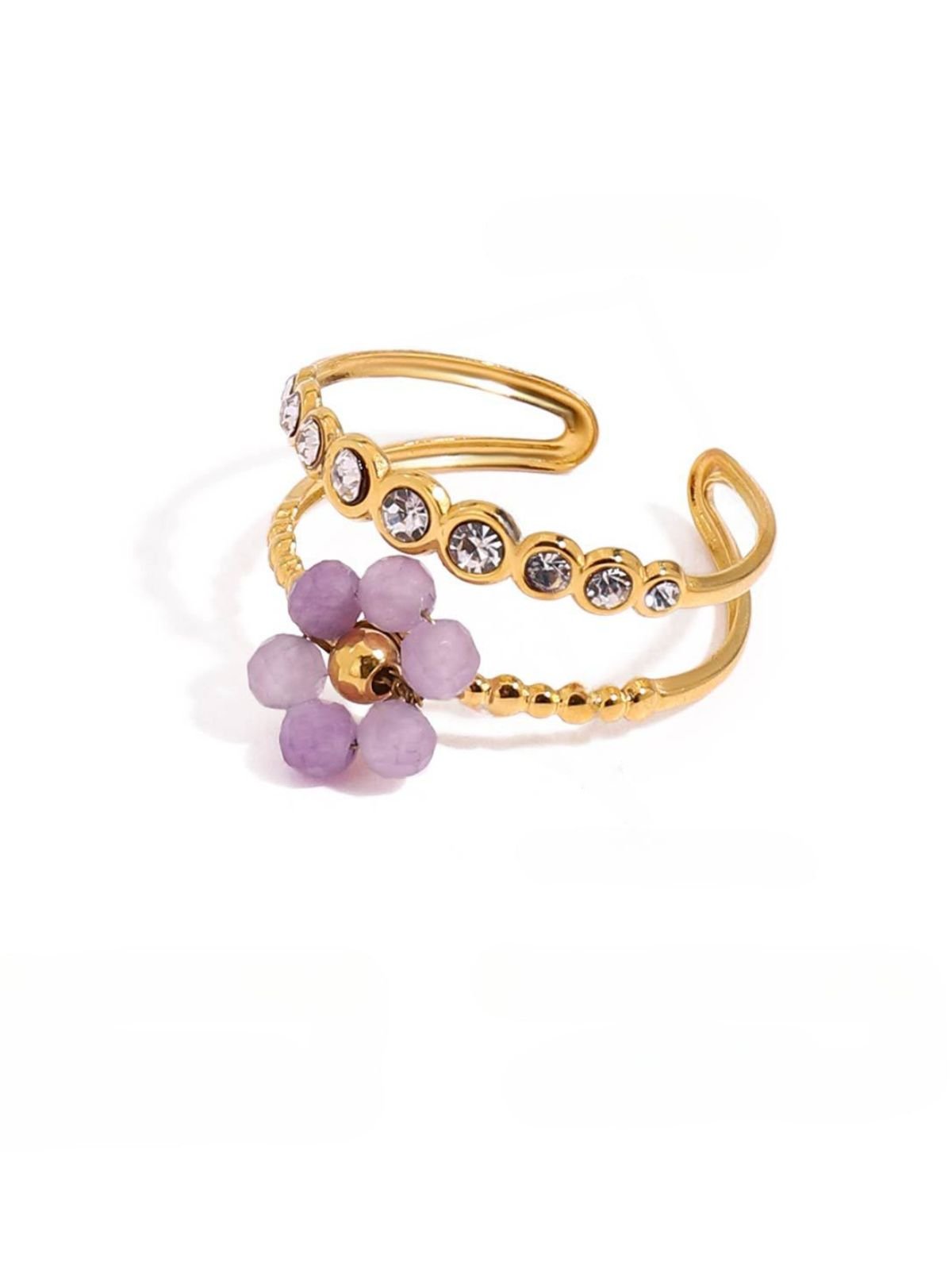 Bague fleur cristal, bague ajustable dorée, bague femme colorée, bague double rang, bague acier inoxydable, modèle Ginette - Bague - Violet
