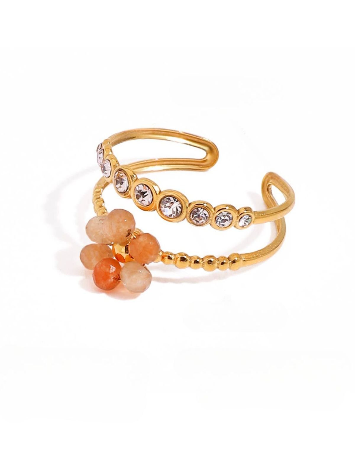 Bague fleur cristal, bague ajustable dorée, bague femme colorée, bague double rang, bague acier inoxydable, modèle Ginette - Bague - Orange