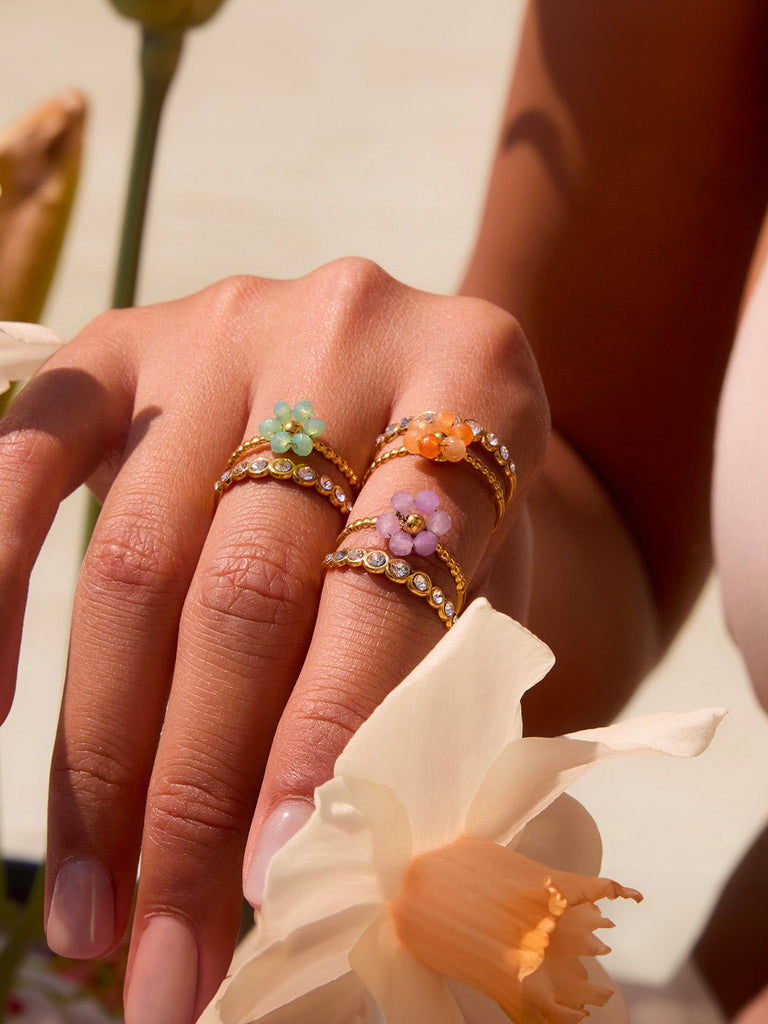 Bague fleur cristal, bague ajustable dorée, bague femme colorée, bague double rang, bague acier inoxydable, modèle Ginette - Bague - Vert