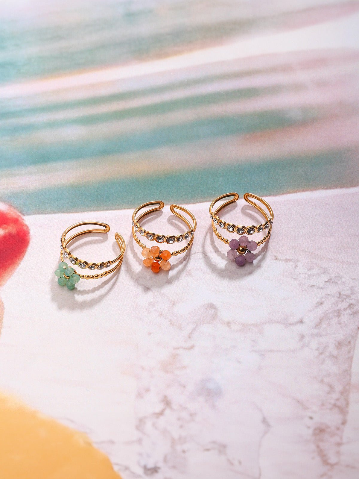 Bague fleur cristal, bague ajustable dorée, bague femme colorée, bague double rang, bague acier inoxydable, modèle Ginette - Bague - Vert