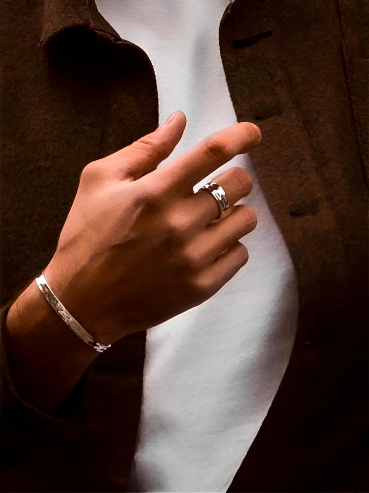 Bague homme design ouvert, en acier inoxydable, effet relief, style géométrique, ajustable, modèle Lorus - Bague - Argent XS