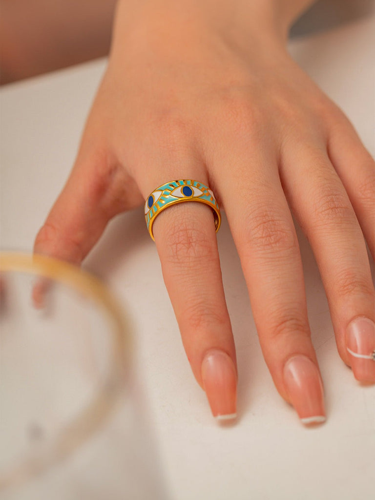 Bague œil protecteur, turquoise bleu, acier inoxydable, motif émaillé, doré, modèle Prota - Bague - Or