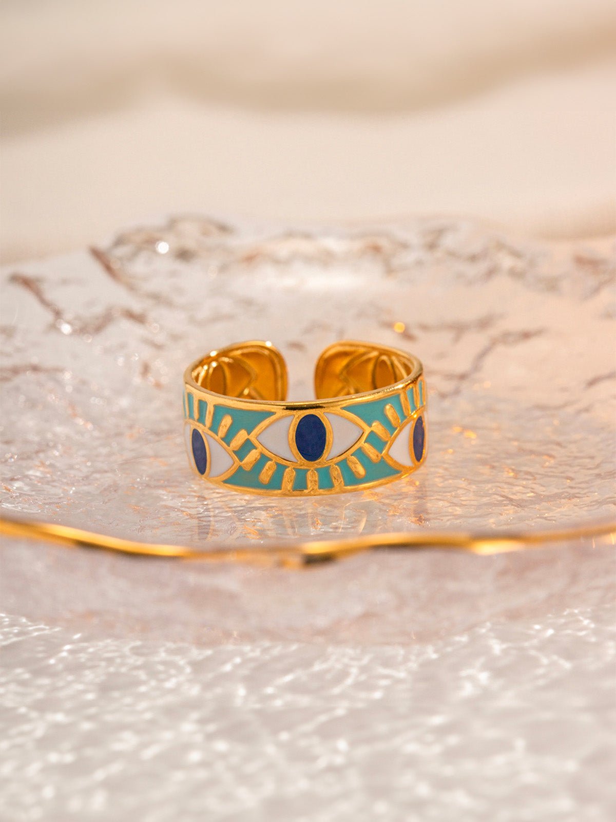 Bague œil protecteur, turquoise bleu, acier inoxydable, motif émaillé, doré, modèle Prota - Bague - Or