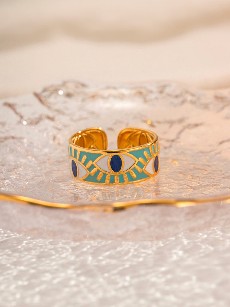 Bague œil protecteur, turquoise bleu, acier inoxydable, motif émaillé, doré, modèle Prota - Bague - Or