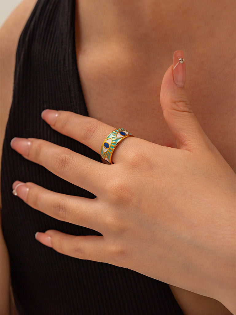Bague œil protecteur, turquoise bleu, acier inoxydable, motif émaillé, doré, modèle Prota - Bague - Or