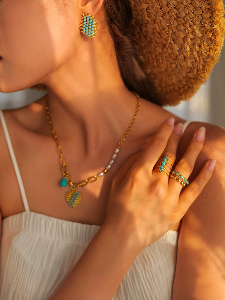 Bague pierre turquoise, cabochons ronds, style solaire, bague ouverte, acier inoxydable doré, modèle Maëva - Bague - Or