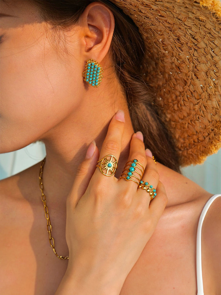 Bague pierre turquoise, cabochons ronds, style solaire, bague ouverte, acier inoxydable doré, modèle Maëva - Bague - Or
