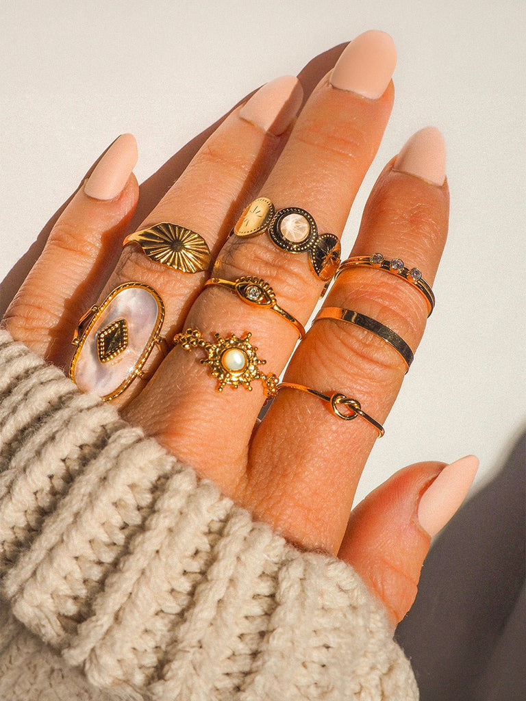 Bague soleil, ajustable, plaqué or 18K, acier inoxydable, style vintage ins, été printemps, modèle Zoa - Bague - Or