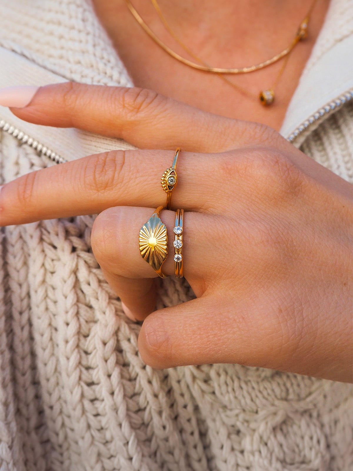 Bague soleil, ajustable, plaqué or 18K, acier inoxydable, style vintage ins, été printemps, modèle Zoa - Bague - Or