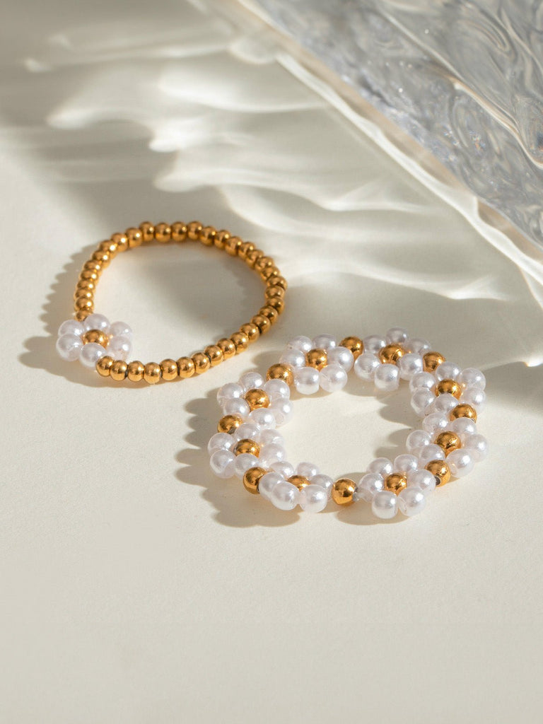Bagues fleurs perles blanches, anneaux dorés extensibles, duo fantaisie, modèle Sylvie - Bague - Or