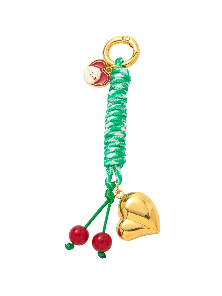 Bijou de sac cerise, cœur doré, porte - clés fantaisie, breloque colorée, accessoire sac tendance, modèle Yoa - Vert