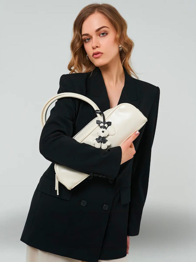 Bijou de sac chien, breloque fantaisie, porte - clés sac, accessoire mignon, cuir noir blanc, modèle Rex - Noir