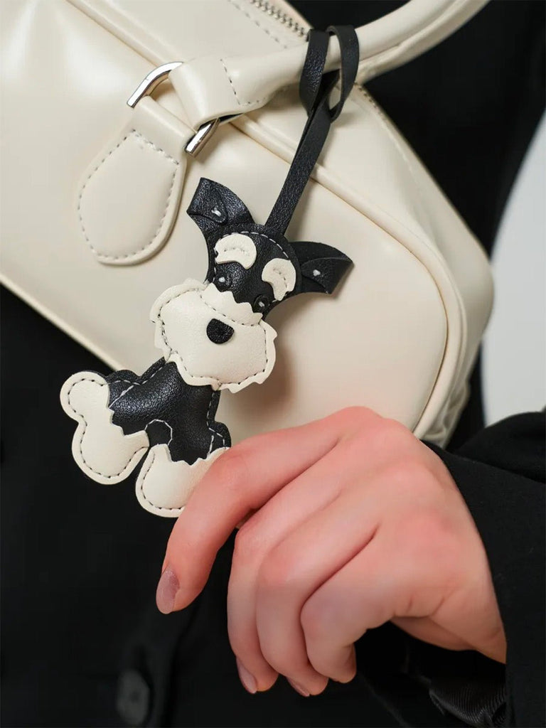 Bijou de sac chien, breloque fantaisie, porte - clés sac, accessoire mignon, cuir noir blanc, modèle Rex - Noir