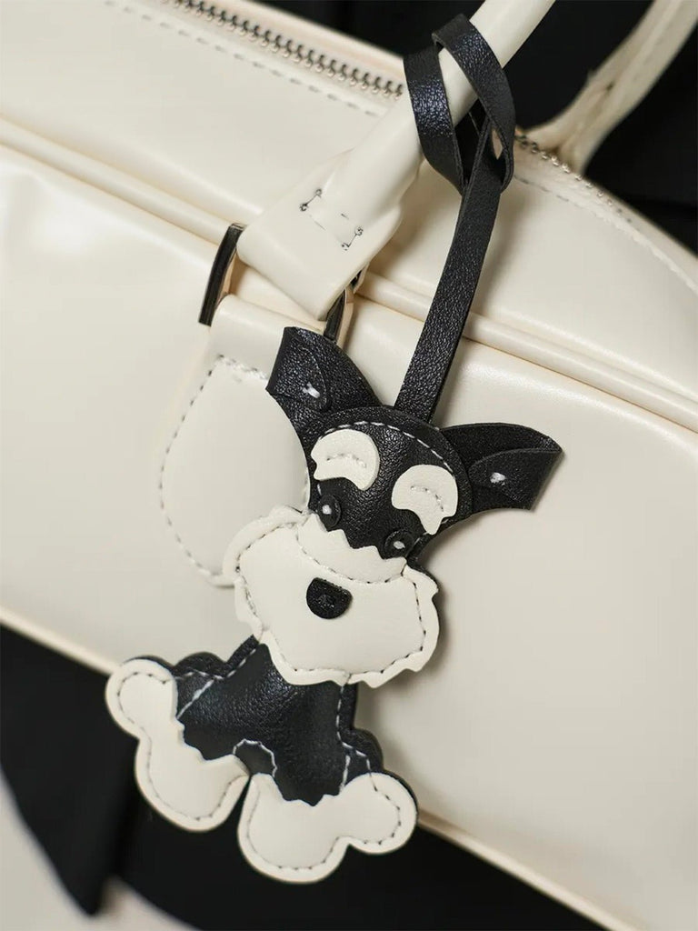 Bijou de sac chien, breloque fantaisie, porte - clés sac, accessoire mignon, cuir noir blanc, modèle Rex - Noir