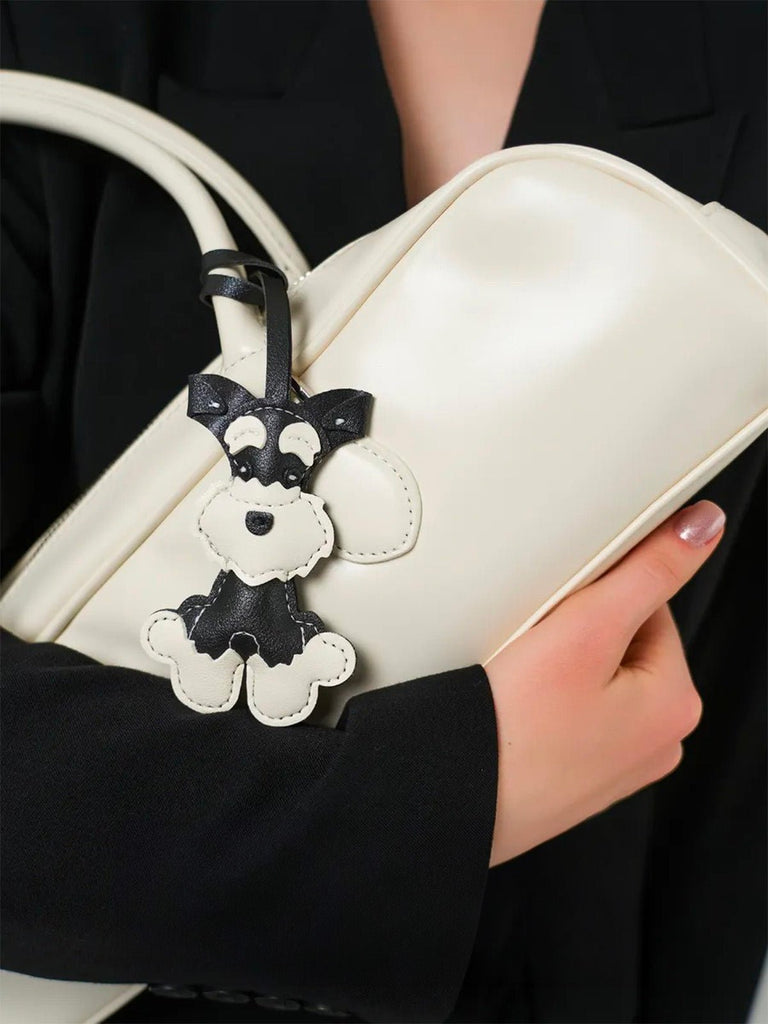 Bijou de sac chien, breloque fantaisie, porte - clés sac, accessoire mignon, cuir noir blanc, modèle Rex - Noir