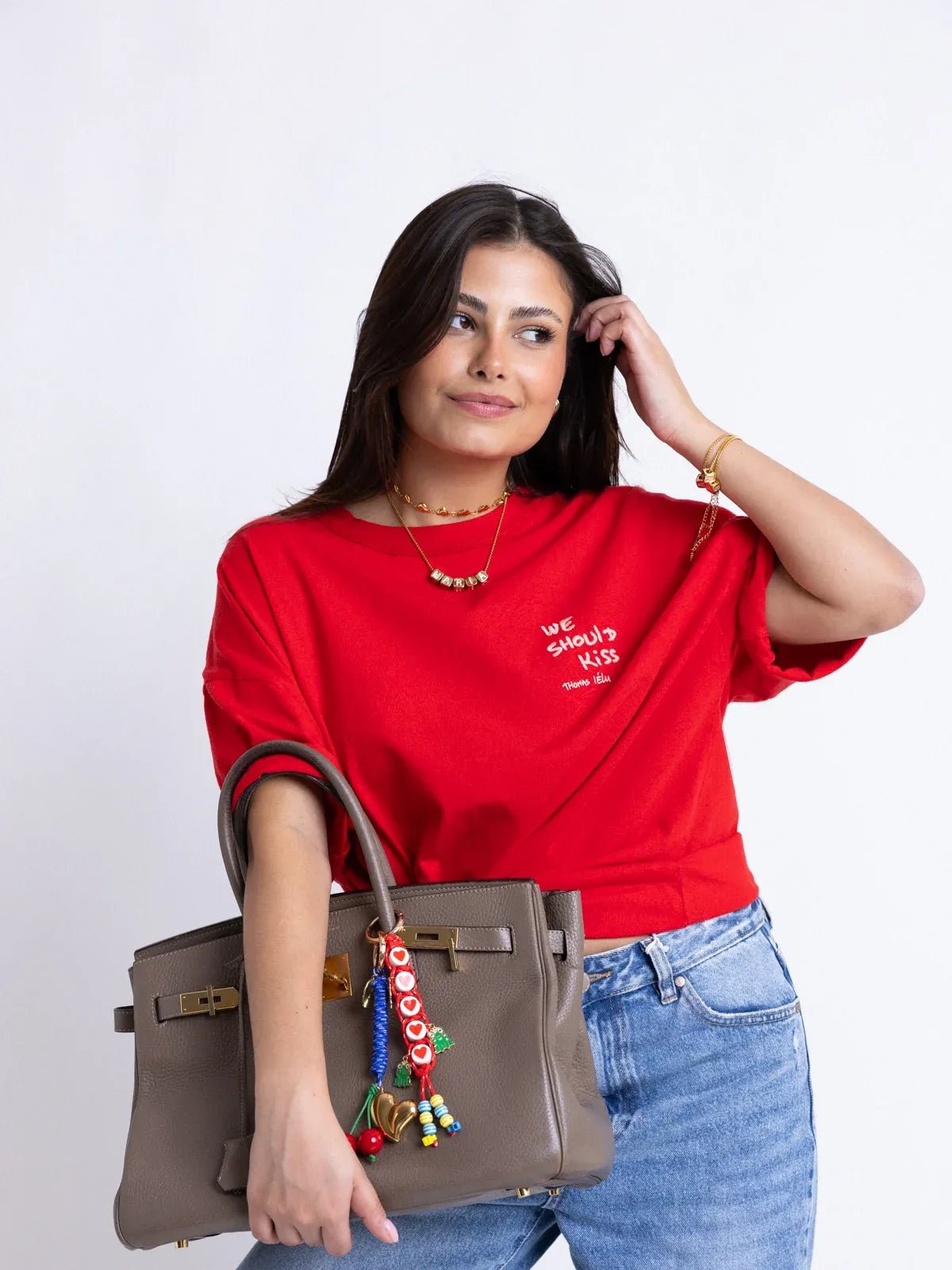 Bijou de sac cœur, breloques colorées, porte - clés fantaisie, perles rayées, cordon tressé, modèle Daria - Rouge