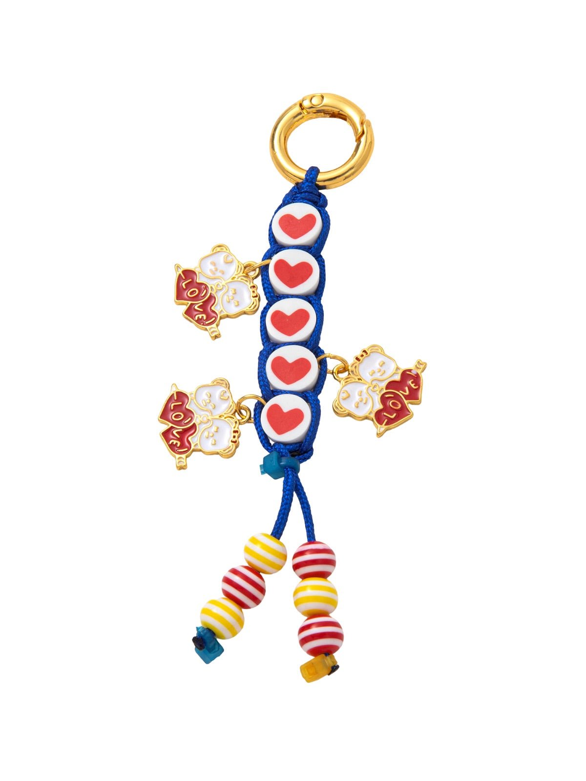 Bijou de sac cœur, breloques colorées, porte - clés fantaisie, perles rayées, cordon tressé, modèle Daria - Bleu