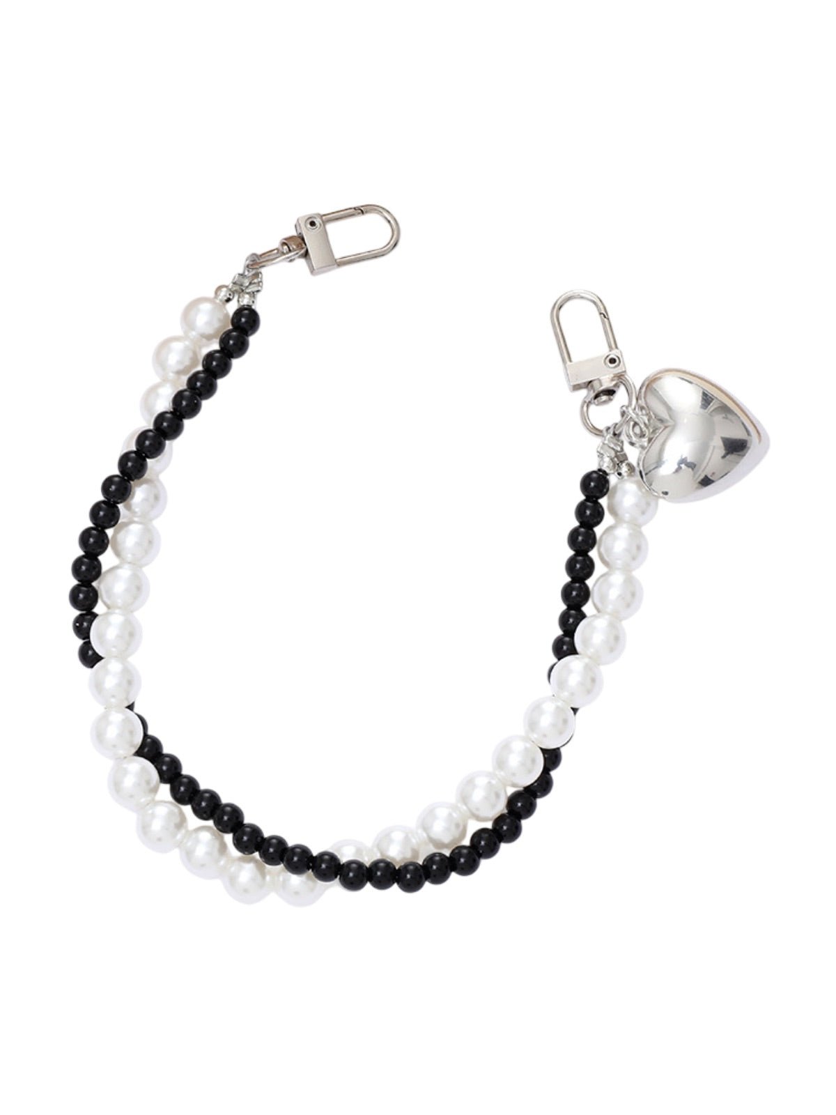 Bijou de sac cœur, perles nacrées, perles noires, perles argentées, double chaîne, mousquetons, modèle Delaya - Noir