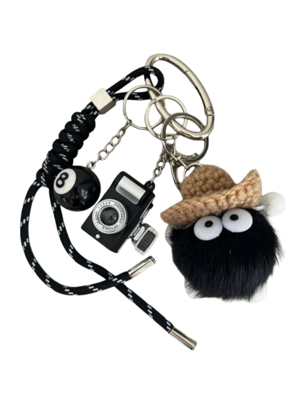 Bijou de sac, peluche noire chapeau, mini appareil photo, boule 8, corde tressée, porte - clés, modèle Labu - Noir