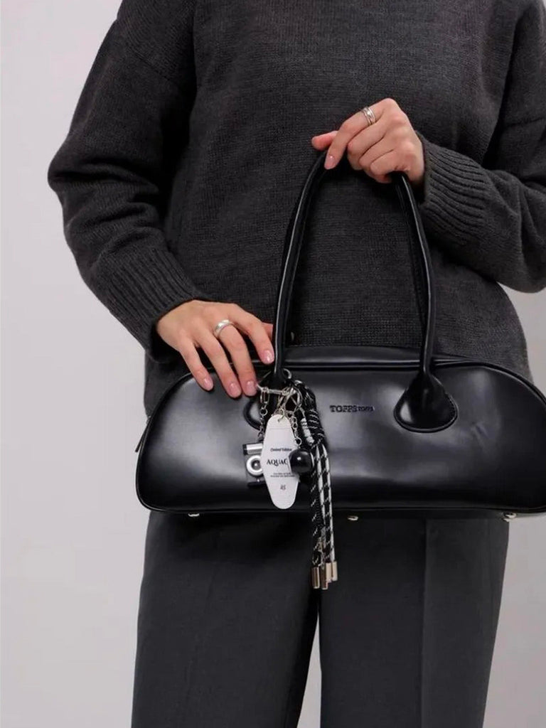 Bijou de sac, porte - clés fantaisie, noir et blanc, appareil photo, boule de billard, cordons, modèle Lounia - Noir
