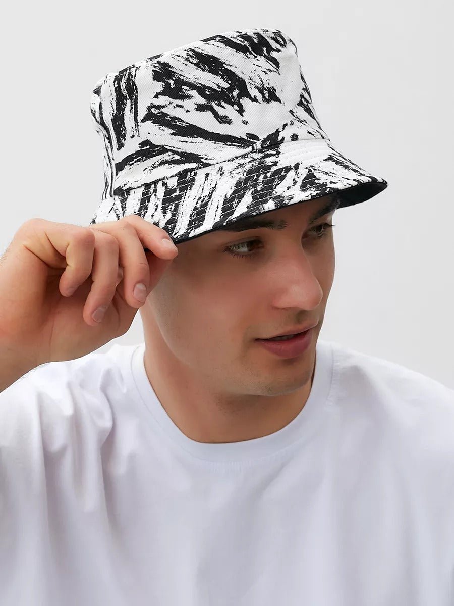 Bob coton réversible, imprimé tie - dye, noir et blanc, homme femme, protection solaire, modèle Vaco - Casquette - Blanc et noir
