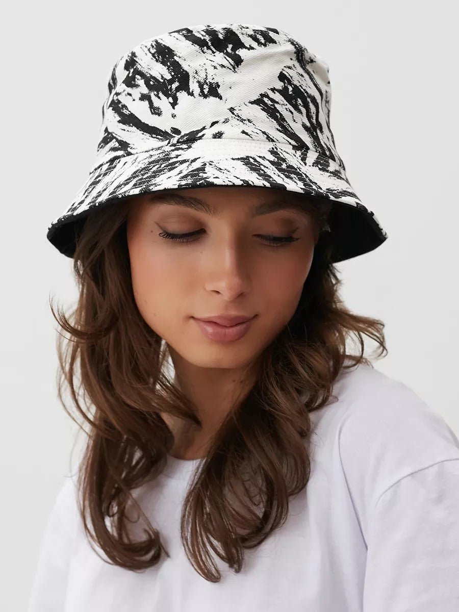 Bob coton réversible, imprimé tie - dye, noir et blanc, homme femme, protection solaire, modèle Vaco - Casquette - Blanc et noir