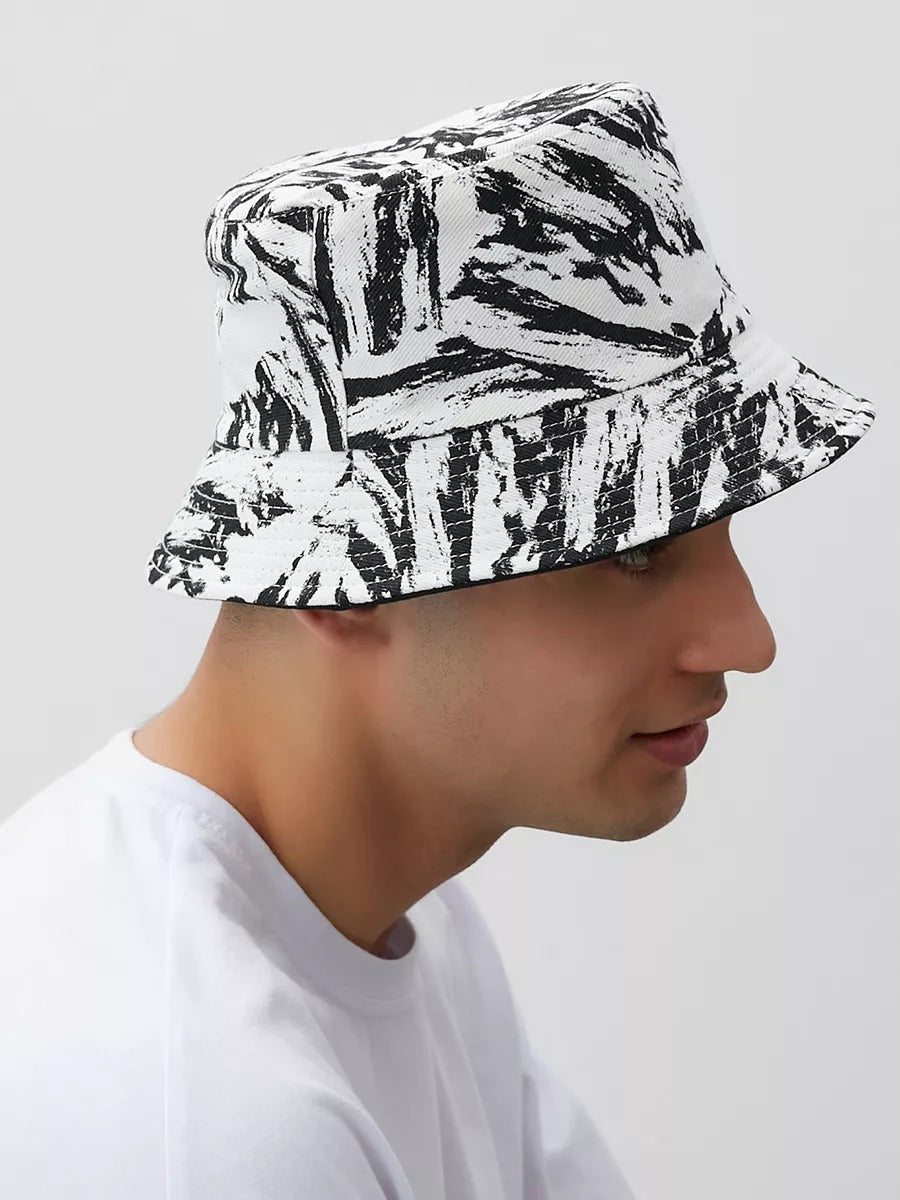 Bob coton réversible, imprimé tie - dye, noir et blanc, homme femme, protection solaire, modèle Vaco - Casquette - Blanc et noir