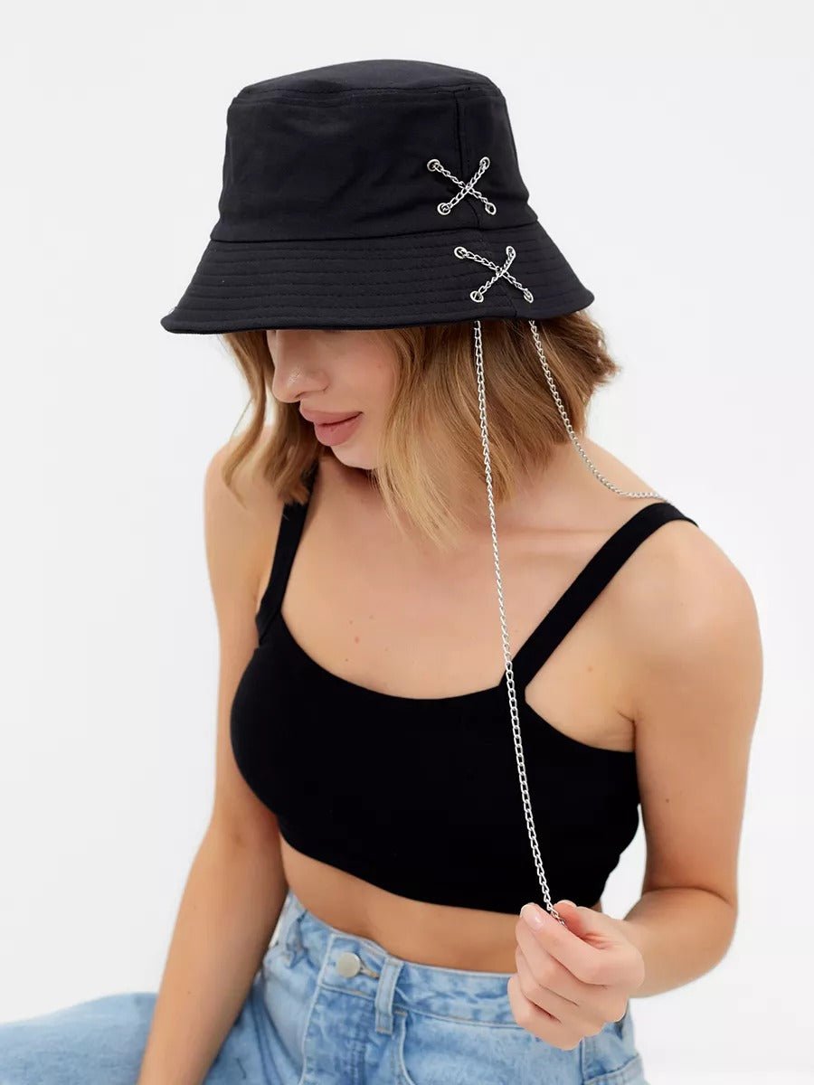Bob en coton unisexe, chapeau streetwear, avec chaînes, accessoire Y2K, modèle Kaina - Bob - Noir